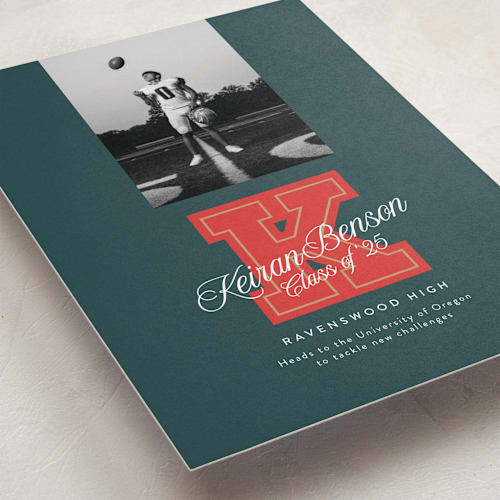 This is a forest graduation announcements with standard by Leia Matt called varsity initial printing on recycled smooth signature in grand