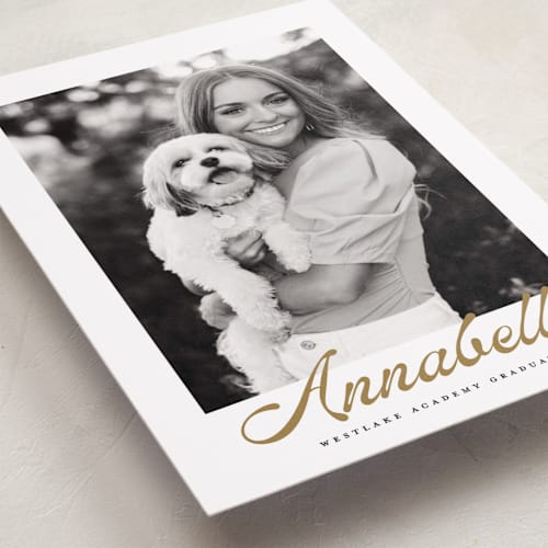This is a golden graduation announcements with standard by Maja Cunningham called vintage script printing on recycled smooth signature in grand