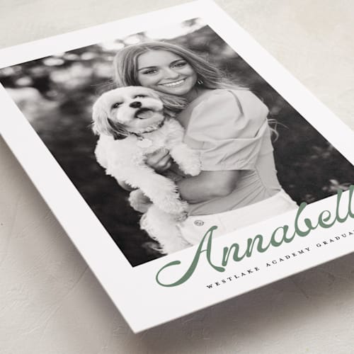 This is a forest graduation announcements with standard by Maja Cunningham called vintage script printing on recycled smooth signature in grand