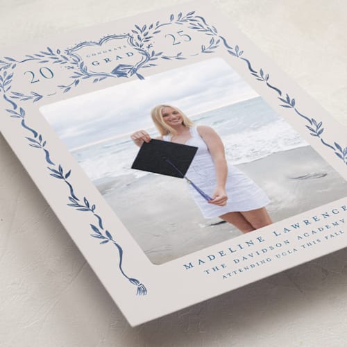 This is a indigo graduation announcements with standard by Petra Kern called grad crest printing on recycled smooth signature in grand