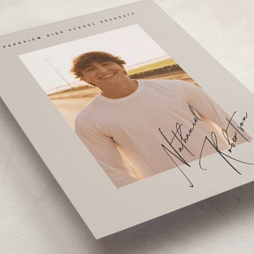 This is a sandstone graduation announcements with standard by Stacy Maalouf called grad signature printing on recycled smooth signature in grand