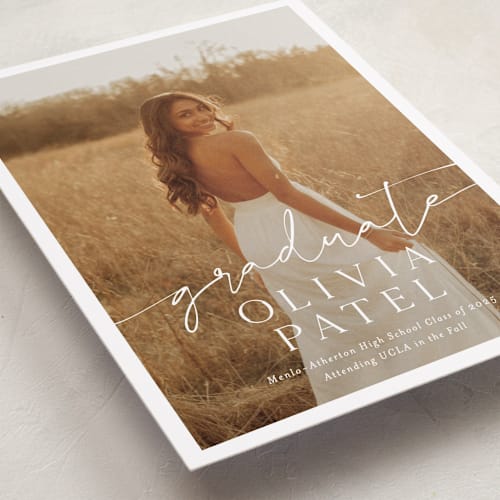 This is a snow graduation announcements with standard by Sarah Curry called graduate script printing on recycled smooth signature in grand