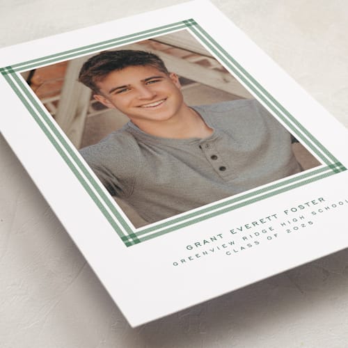 This is a shamrock graduation announcements with standard by Lea Delaveris called woven frame printing on recycled smooth signature in grand