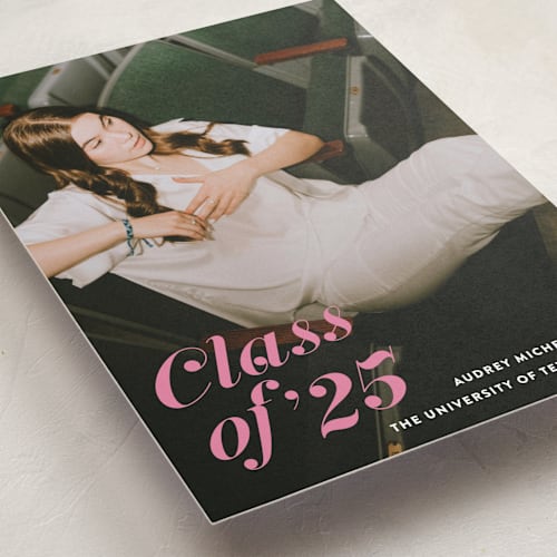 This is a bubblegum graduation announcements with standard by Megan Davis called class dismissed printing on recycled smooth signature in grand