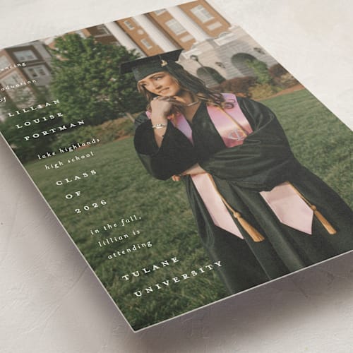 This is a snow graduation announcements with standard by Lauren Chism called along side printing on recycled smooth signature in grand