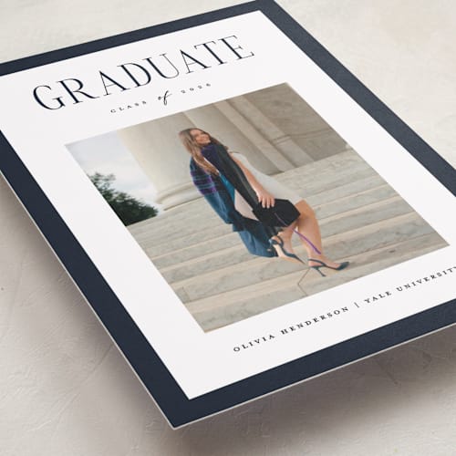 This is a navy graduation announcements with standard by Christy Hy Lee called classic layout printing on recycled smooth signature in grand