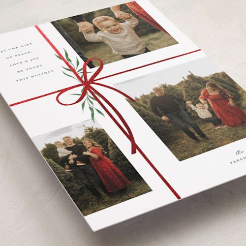 This is a snow foil stamped holiday cards with foil pressed by Susan Zinader called holiday gifts printing on recycled smooth signature in grand