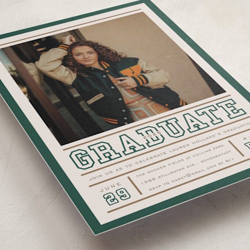 This is a vintage graduation invitations with standard by Erin L. Wilson called varsity frame printing on recycled smooth signature in grand