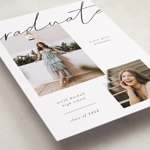 This is a chalkboard graduation announcements with standard by Kelly Ambrose called simple + script printing on recycled smooth signature in grand