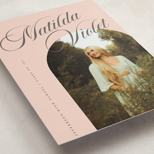 This is a peach graduation announcements with standard by Morgan Kendall called modern curves printing on recycled smooth signature in grand