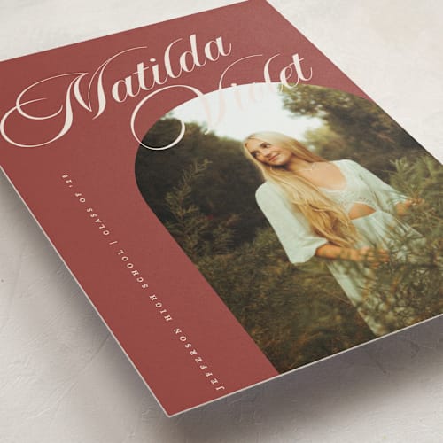 This is a burgundy graduation announcements with standard by Morgan Kendall called modern curves printing on recycled smooth signature in grand