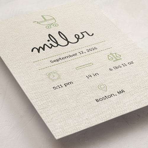 This is a mint grand birth announcements with standard by Ashley Langlais called stitched together printing on signature in grand
