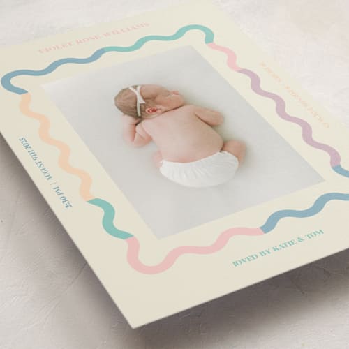 This is a cream grand birth announcements with standard by Baumbirdy called wavy pastel frame printing on signature in grand