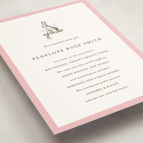 This is a blush grand birth announcements with standard by Megan Davis called classic bunny printing on signature in grand