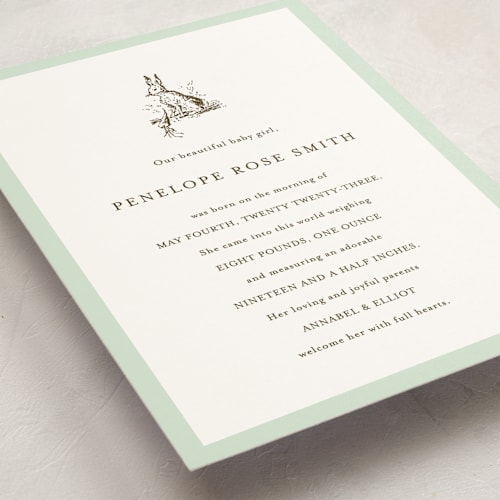 This is a mint grand birth announcements with standard by Megan Davis called classic bunny printing on signature in grand