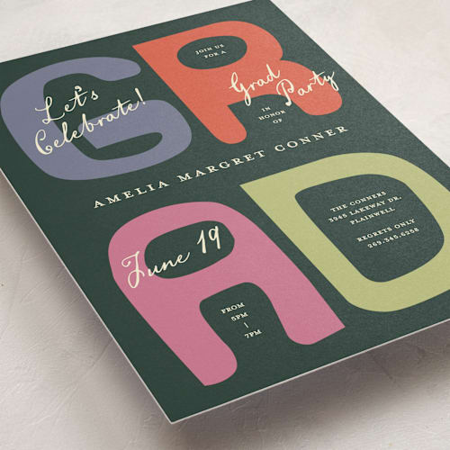 This is a funky graduation invitations with standard by Pixel and Hank called chunk printing on signature in grand