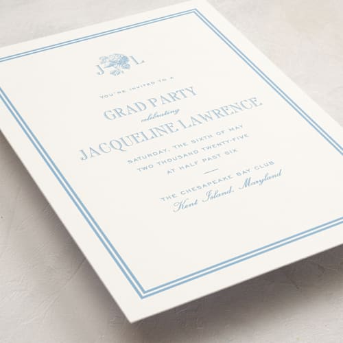 This is a sky blue graduation invitations with standard by Megan Davis called cheseapeake printing on signature in grand