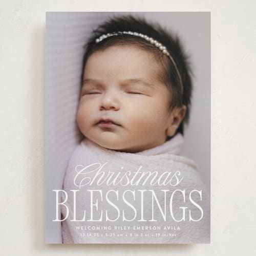 This is a snow babys first christmas with standard by Susan Asbill called blessed welcome printing on recycled smooth signature in grand