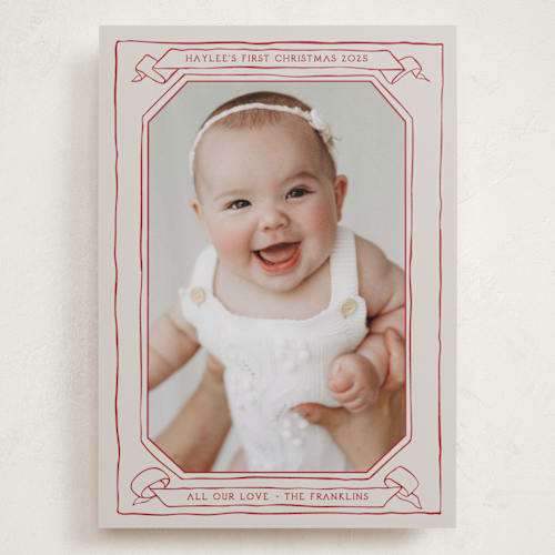 This is a berry babys first christmas with standard by Inkblot Design called scroll printing on recycled smooth signature in grand