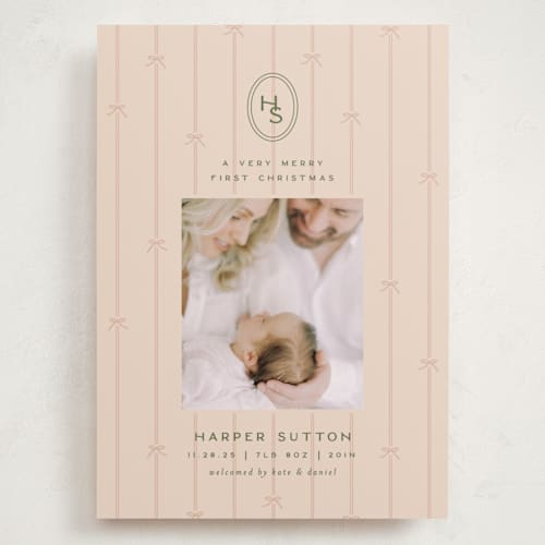 This is a blush babys first christmas with standard by Ellen Schlegelmilch called first christmas monogram printing on recycled smooth signature in grand