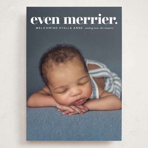 This is a snow babys first christmas with standard by Lori Wemple called even merrier. printing on recycled smooth signature in grand
