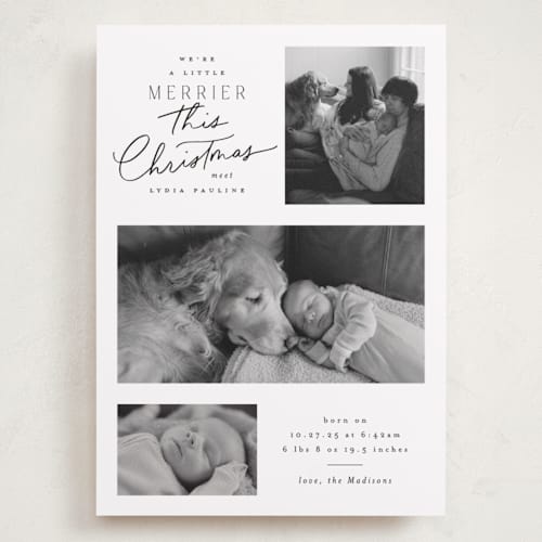 This is a snow babys first christmas with standard by Everett Paper Goods called merrier this year printing on recycled smooth signature in grand