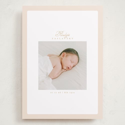 This is a peachy grand birth announcements with standard by Phrosné Barwood called soft frame printing on smooth signature in grand