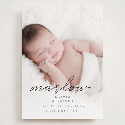 This is a graphite grand birth announcements with standard by Megan Cash called marlow printing on recycled smooth signature in grand
