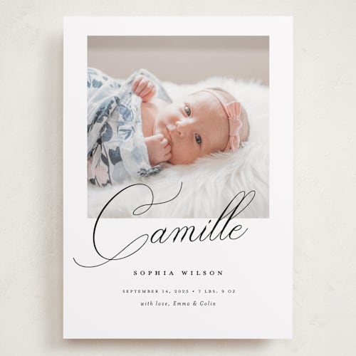 This is a ebony grand birth announcements with standard by Benita Crandall called the script printing on smooth signature in grand