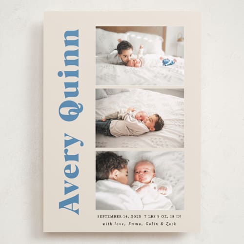 This is a blueberry grand birth announcements with standard by Benita Crandall called moderne bébé printing on smooth signature in grand