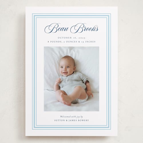 This is a baby blue grand birth announcements with standard by Alston Foster called little darling printing on smooth signature in grand