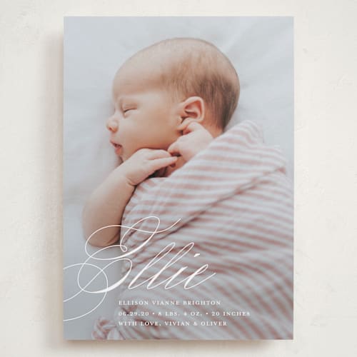 This is a sugar grand birth announcements with standard by Jessica Williams called precious script printing on recycled smooth signature in grand