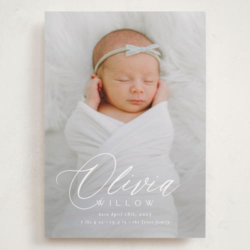 This is a cloud grand birth announcements with standard by Everett Paper Goods called serenity printing on smooth signature in grand