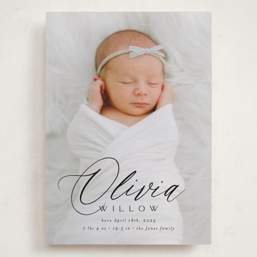 This is a shadow grand birth announcements with standard by Everett Paper Goods called serenity printing on smooth signature in grand