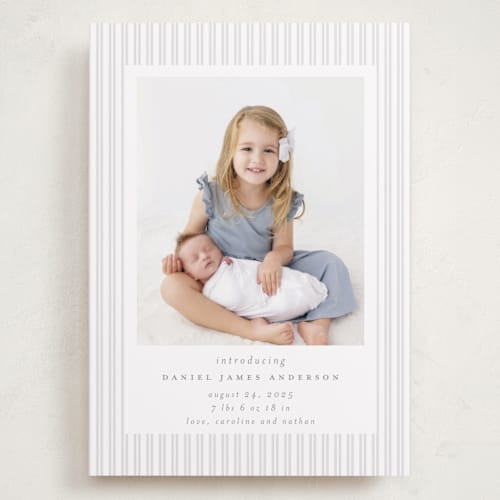 This is a mist grand birth announcements with standard by Jennifer Holbrook called pinstripe frame printing on recycled smooth signature in grand