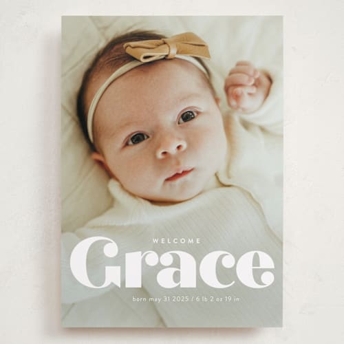 This is a pearl grand birth announcements with standard by Lori Wemple called name printing on recycled smooth signature in grand