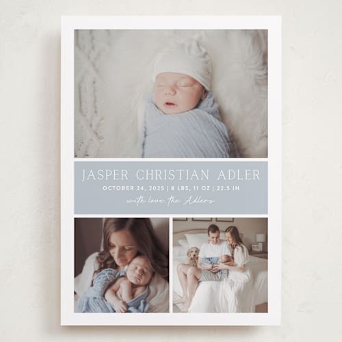 This is a bluebell grand birth announcements with standard by Vanessa Doyle called color block printing on smooth signature in grand