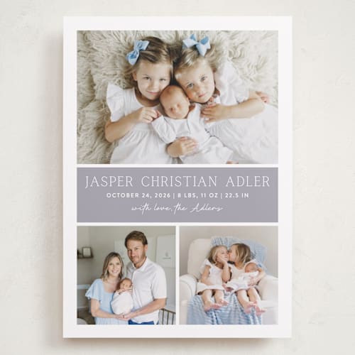 This is a lilac grand birth announcements with standard by Vanessa Doyle called color block printing on smooth signature in grand