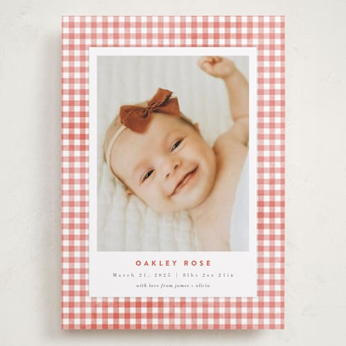 This is a coral grand birth announcements with standard by Jessie Steury called gingham printing on recycled smooth signature in grand