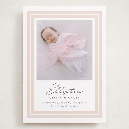 This is a blush grand birth announcements with standard by Jessica Williams called serene printing on smooth signature in grand