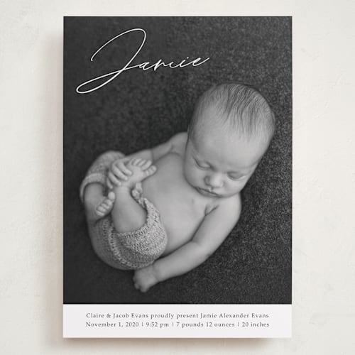 This is a charcoal grand birth announcements with standard by Rebecca Rueth called jamie printing on recycled smooth signature in grand