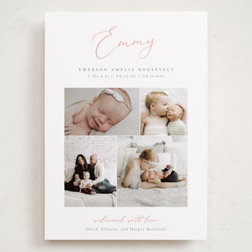 This is a blush grand birth announcements with standard by Sarah Brown called namely printing on recycled smooth signature in grand