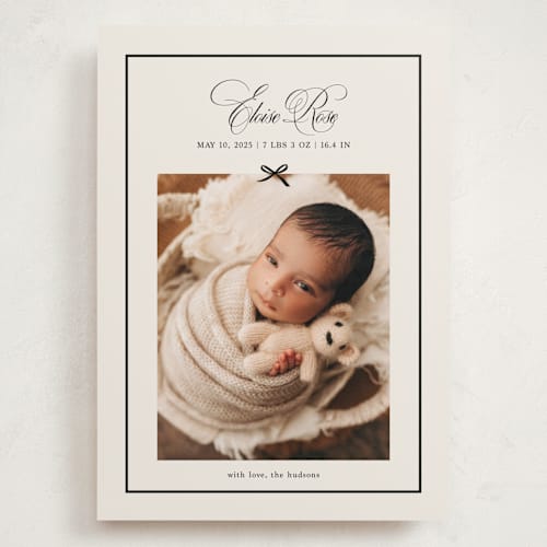 This is a charcoal grand birth announcements with standard by Chelsea Petaja called elegant bow holiday printing on smooth signature in grand