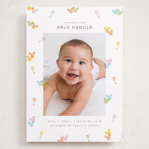 This is a candy grand birth announcements with standard by Ellen Schlegelmilch called disney's mickey confetti printing on recycled smooth signature in grand