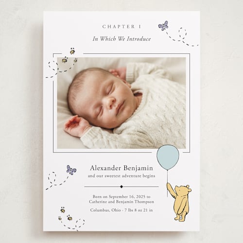 This is a cloud grand birth announcements with standard by Heather Schertzer called disney sweetest adventure printing on recycled smooth signature in grand
