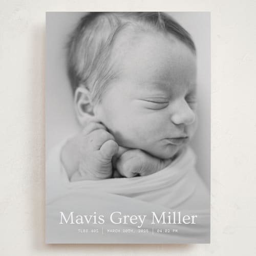 This is a snow grand birth announcements with standard by Bramble Studio called simple in serif printing on smooth signature in grand