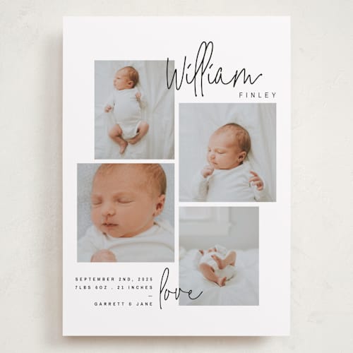 This is a onyx grand birth announcements with standard by Lindsay Stetson Thompson called overjoyed script printing on recycled smooth signature in grand