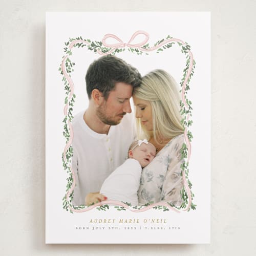 This is a blush grand birth announcements with standard by Itsy Belle Studio called ribbonly frame printing on smooth signature in grand