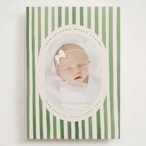 This is a candy apple grand birth announcements with standard by Teju Reval called vintage stripes printing on smooth signature in grand