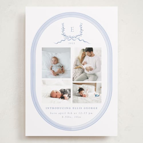 This is a frost grand birth announcements with standard by Corinne Malesic called festive monogram printing on smooth signature in grand